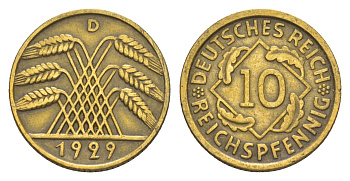 Германия 10 рейхспфеннигов 1929 D KM 40, J. 317 алюминиевая бронза 4549-726