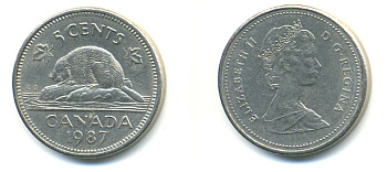 Канада 5 центов 1987 Елизавета II (1952-2022), бобер KM 60.2 a медно-никель 177-1241