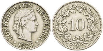 ШВЕЙЦАРИЯ 10 РАППЕНОВ 1926 В KM 27 медно-никель 216-944