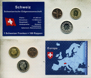 Швейцария набор из 3 монет (1, 5 и 10 раппенов) 2004 и 2008 в красочном блистер, в запайке KM 46, 26c и 27 UNC 4-3-2-53