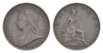 Великобритания 1 фартинг 1897 Виктория (1837-1901) KM 788.1, Spink 3963 бронза 4630-165