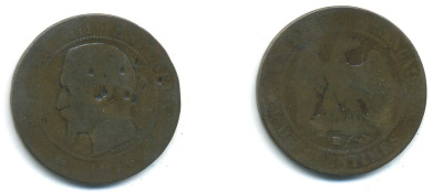 Франция 10 сантимов 1856 BB, Наполеон III (1852-1870) KM 771.3, Le Franc 133.34 бронза 37-333