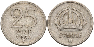 Швеция 25 эре 1950 TS, Густав V (1907-1950) KM 816 серебро 4147-1018