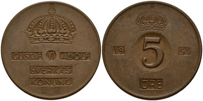 Швеция 5 эре 1954 Густав VI Адольф (1950-1973) KM 822 бронза 4156-234