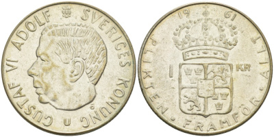 Швеция 1 крона 1961 U, Густав VI Адольф (1950-1973) KM 826 серебро 4610-623