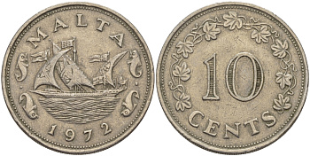 Мальта 10 центов 1972 баржа Великого магистра KM 11 медно-никель 82-336