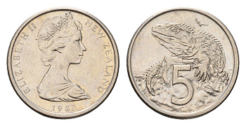 Новая Зеландия 5 центов 1982 Елизавета II (1952-2022), ящерица гаттерия KM 34 медно-никель UNC 4655-257