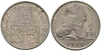 Бельгия 1 франк 1939 Belgique - Belgie KM 119 никель 4603-1225