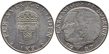 Швеция 1 крона 1987 Карл XVI Густав (1973- ) KM 852a медно-никель 4397-1156