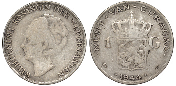 Нидерландское Кюрасао 1 гульден 1944 D, Вильгельмина (1890-1948) KM 45 серебро 36-544