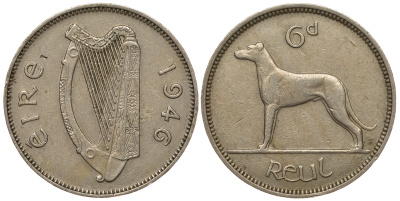 ИРЛАНДИЯ 6 ПЕНСОВ 1946 ИРЛАНДСКИЙ ВОЛКОДАВ, РЕДКИЙ ГОД KM 13a медно-никель 25-217