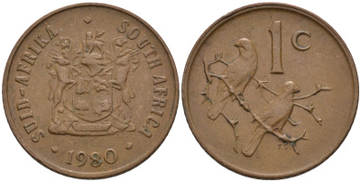 ЮАР 1 ЦЕНТ 1980 ГЕРБ, КАПСКИЕ ВОРОБЬИ KM 82 бронза 4588-1261
