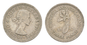 Родезия и Ньясаленд 3 пенса 1957 Елизавета II (1952-2022), цветок глориоза KM  3 медно-никель   4640-921