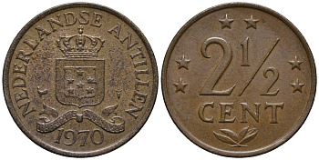 Нидерландские Антилы 2 1/2 цента 1970 Юлиана (1948-1980) KM 9 бронза 4579-915