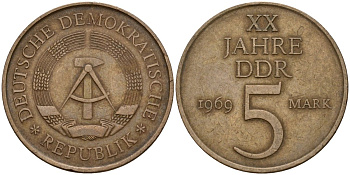 ГДР 5 марок 1969 А, 20 лет ГДР KM 22.1, J. 1524 никель бронза 4599-421