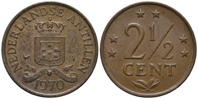 Нидерландские Антилы 2 1/2 цента 1970 Юлиана (1948-1980) KM 9 бронза 4579-915