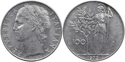 Италия 100 лир 1973 R, Афина в доспехах KM 96.1 нержавеющая сталь 4165-221