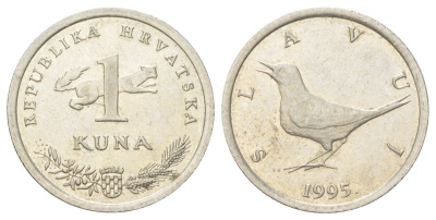 Хорватия 1 куна 1995 западный соловей, легенда на хорватском KM 9.1 медь цинк никель 4625-523