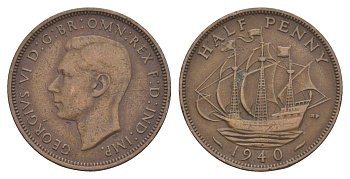 Великобритания 1/2 пенни 1940 Георг VI (1936-1952) KM 844, Spink 4115 бронза 4642-433