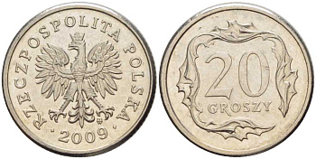 ПОЛЬША 20 ГРОШЕЙ 2009 MW KM 280 медно-никель 201-525