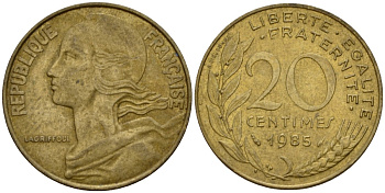 Франция 20 сантимов 1985 тип Marianne KM 930 алюминиевая бронза 4393-847