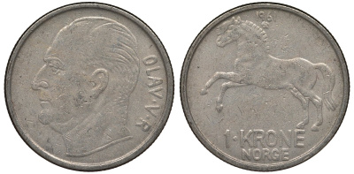 Норвегия 1 крона 1961 Улаф V (1957-1991), лошадь KM 409 медно-никель 4128-1222