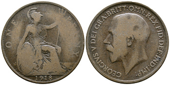 Великобритания 1 пенни 1918 Георг V (1910-1936) КМ 810, Spink 4051 бронза 08-424