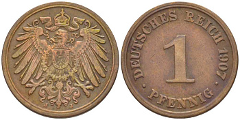 ГЕРМАНИЯ 1 ПФЕННИГ 1907 J KM 10, J. 10, Weege 2 медь 211-355