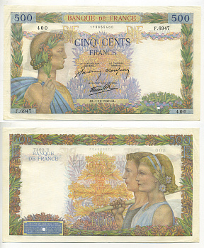 ФРАНЦИЯ 500 ФРАНКОВ 1942 Pick 95b бумага аUNC 7552-14-2