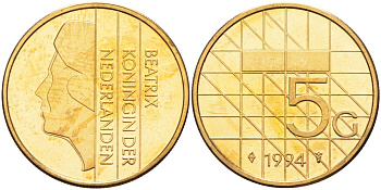 Нидерланды 5 гульденов 1994 Беатрикс (1980-2013) KM 210 никель плакированный бронзой 4116-213