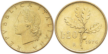 ИТАЛИЯ 20 ЛИР 1976 R, ДУБОВЫЙ ЛИСТ KM 97.2 алюминиевая бронза 4523-645