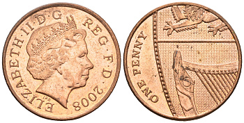 Великобритания 1 пенни 2008 Елизавета II (1952-2022) KM 1107, Spink B6 сталь плакированная медью 4609-644