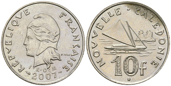 Французская Новая Каледония 10 франков 2007 рыбачья парусная лодка, (IEOM) KM 11a, Schoen 13a, Lec 99k медно-никель 56-634
