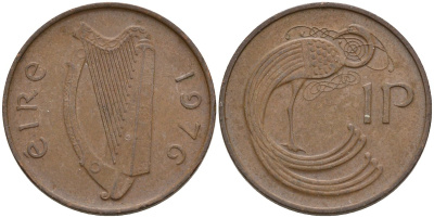 Ирландия 1 пенни 1976 мифологическая птица лира KM 20 бронза 4146-423