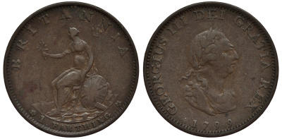 Великобритания 1 фартинг 1799 Георг III (1760-1820) KM 646, Spink 3779 медь 1523-845