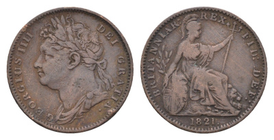 Великобритания 1 фартинг 1821 Георг IV (1820-1830) KM 677, Spink 3822 медь 4664-233