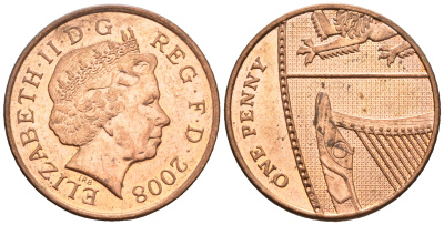 Великобритания 1 пенни 2008 Елизавета II (1952-2022) KM 1107, Spink B6 сталь плакированная медью 4609-644