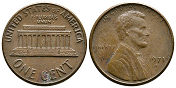 США 1 цент 1971 D, Авраам Линкольн KM 201 медь цинк 3458-141