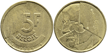 БЕЛЬГИЯ 5 ФРАНКОВ 1986 BELGIE KM 164 латунь или алюминевая бронза 4110-1035