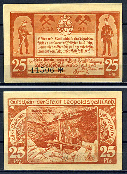 Леопольдшаль (Саксония) 25 пфеннигов 1921 DeNG 1/2 0794.1a-1/3 бумага aUNC 7556-20-2-2