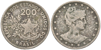 Бразилия 200 реалов 1901 MCMI, голова свободы вправо KM 504 медно-никель 4612-226