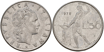 Италия 50 лир 1978 R, бог Вулкан у наковальни KM 95.1 нержавеющая сталь 4156-737