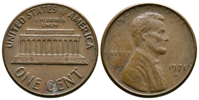 США 1 цент 1971 D, Авраам Линкольн KM 201 медь цинк 3458-141