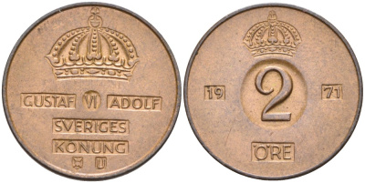 Швеция 2 эре 1971 U, Густав VI Адольф (1950-1973) KM 821 бронза 4364-1435