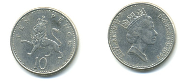 Великобритания 10 пенсов 1992 Елизавета II (1952-2022) KM 938b, Spink 4367 (F4) медно-никель 59-523