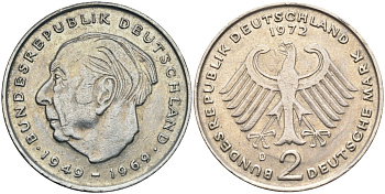 ФРГ 2 марки 1972 D, Теодор Хойс KM 127, J. 407 медно-никель плакированный никелем 4139-211
