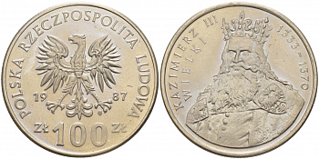 ПОЛЬША 100 ЗЛОТЫХ 1987 MW, КАЗИМИР III ВЕЛИКИЙ (1333-1370) KM 167 медно-никель UNC 3996-113