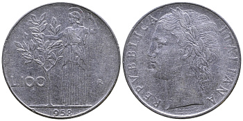 ИТАЛИЯ 100 ЛИР 1958 R, АФИНА KM 96.1 сталь 3334-934