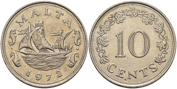 Мальта 10 центов 1972 баржа Великого магистра KM 11 медно-никель 82-613