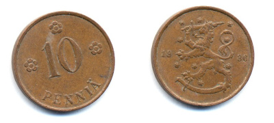 Финляндия 10 пенни 1936 республика (1918-1962) KM 24 медь 51-5524
